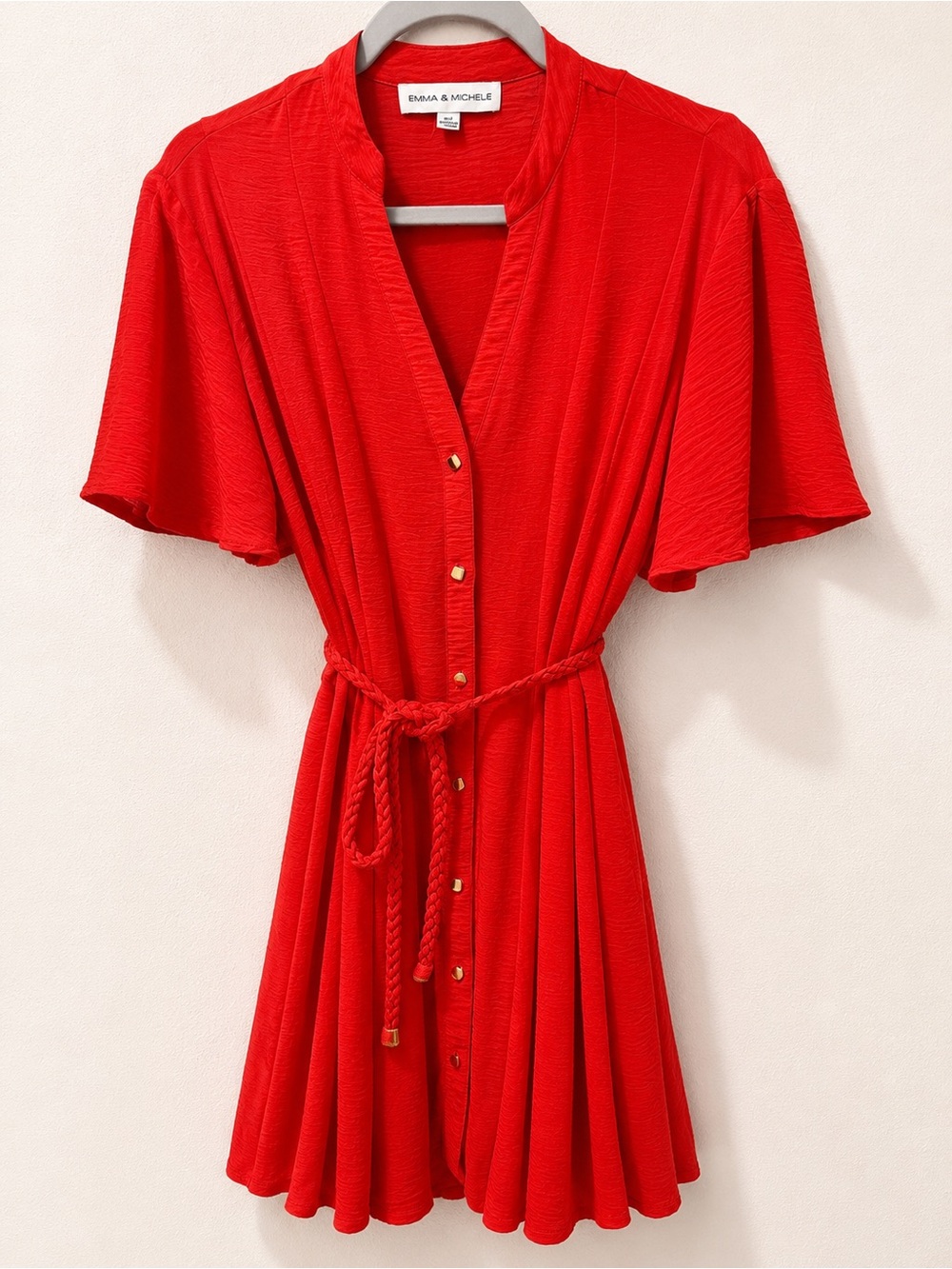 Emma & Michele Red Button Front Dress Medium Belted Fit Flare Flutter Sleeve